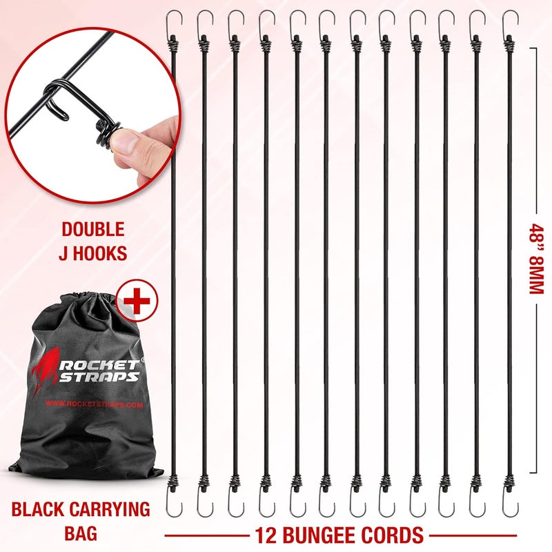 Rocket Straps Ultimate Outdoor Bungee Cord Assortment - Heavy Duty Set of 12 Bungee Cords Double-J Hooks - Elastic Straps for Camping, Securing, and DIY and Multipurpose… (48") - Image 3